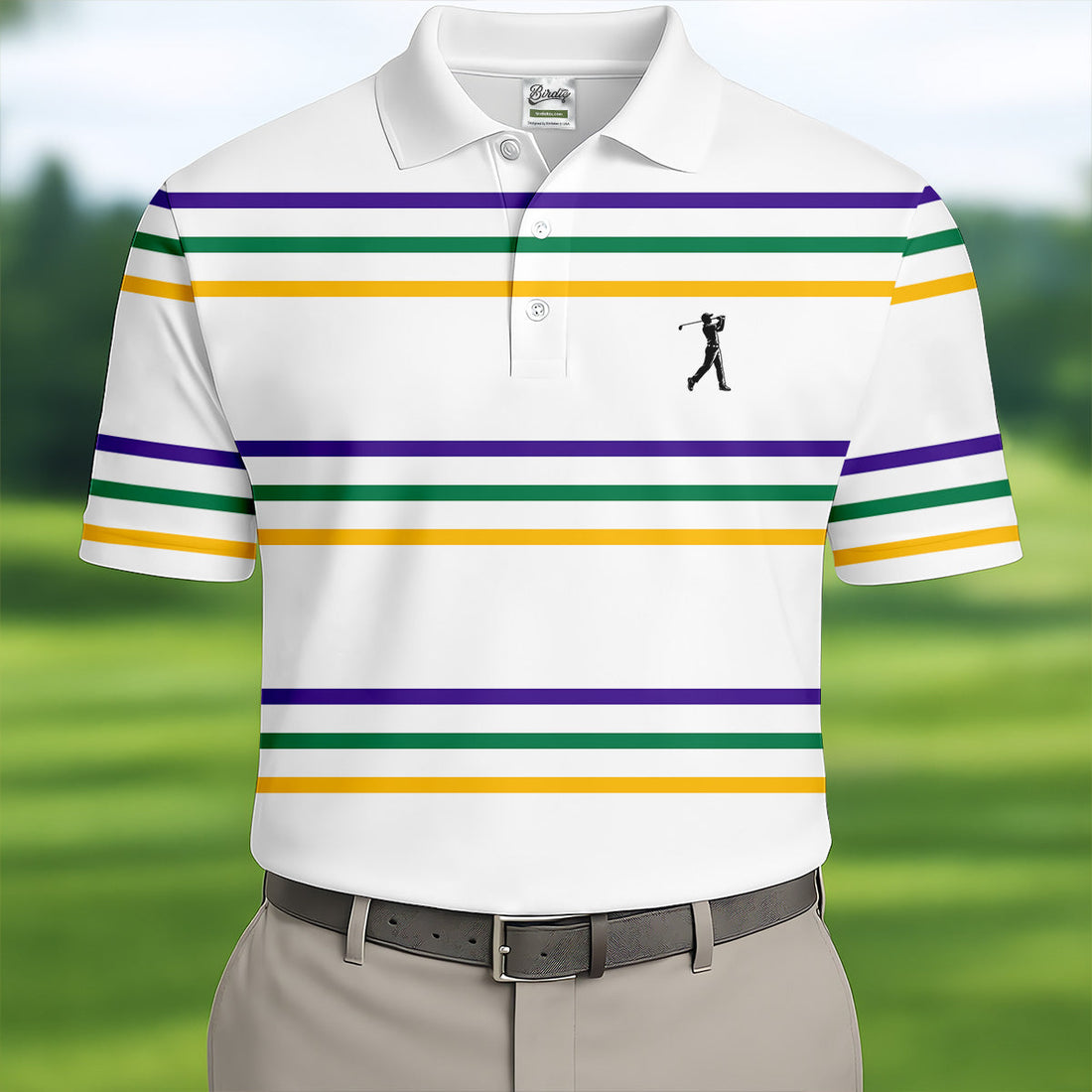 Mardi Gras Purple Green Gold Stripe Pattern Golf Tops For Men, Men's White Polo, Golf Shirts For Men