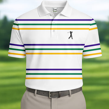 Mardi Gras Purple Green Gold Stripe Pattern Golf Tops For Men, Men's White Polo, Golf Shirts For Men