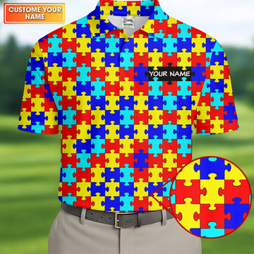 Autism Awareness Colorful Puzzle Pattern Golf Tops For Men, Polo ShirtFor Men, Golf Shirts For Men