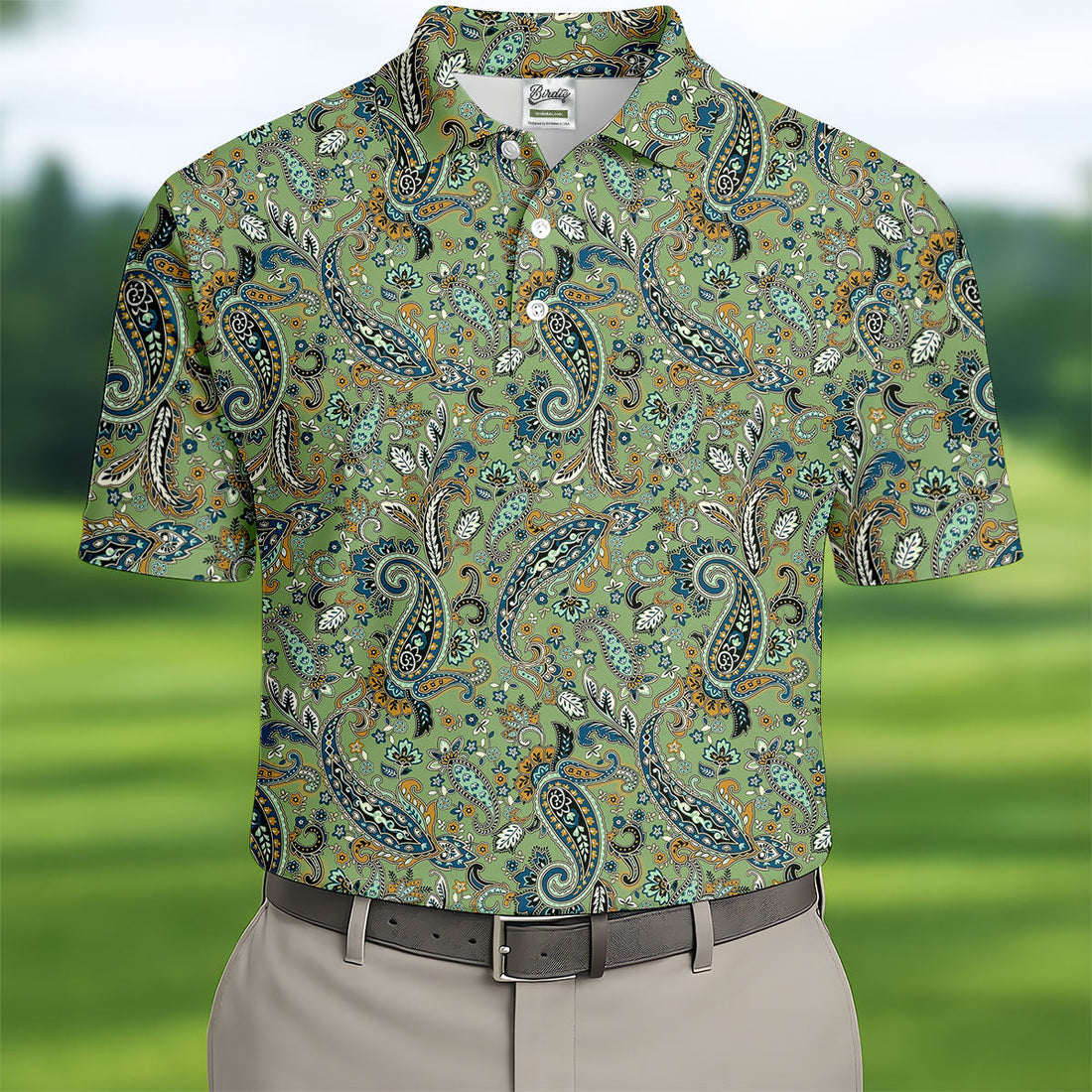 Paisley Vintage Earth Green Golf Tops For Men, Polo Shirt Men, Golf Shirts For Men, Golfing Apparel