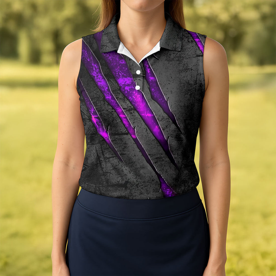 Purple Claw Marks Hawaiian Golf Shirt, Scratch Print Women's Golf Tops, Ladies Golf Shirts