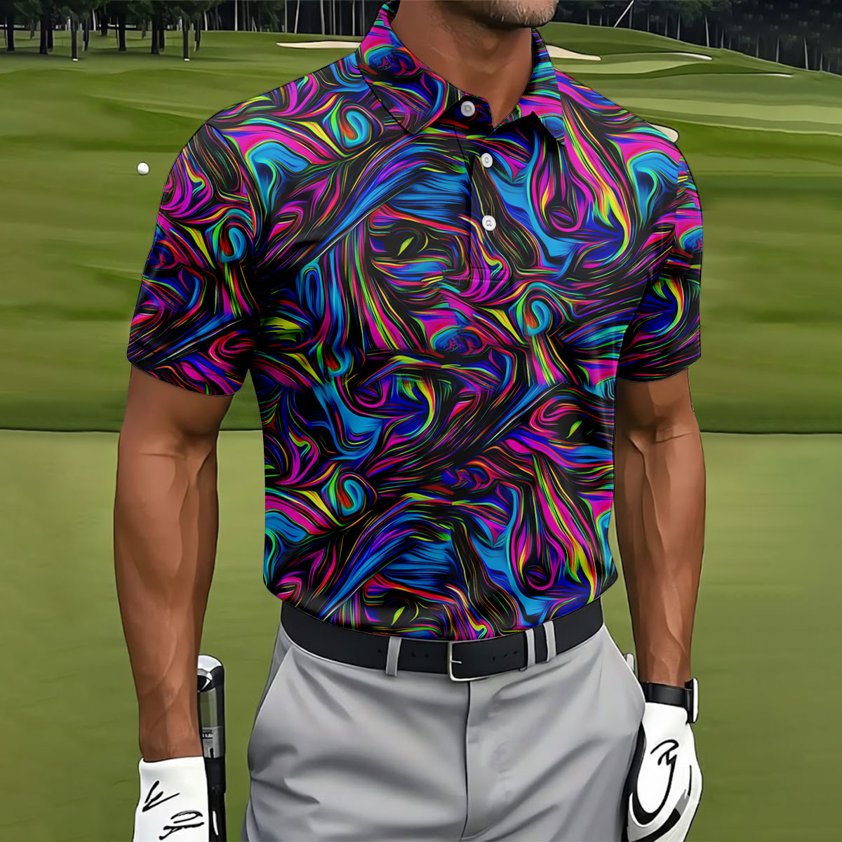 Vibrant Neon Liquid Marble Abstract Golf Shirt, Mens Golf Shirts, Golf Polo Shirts For Men