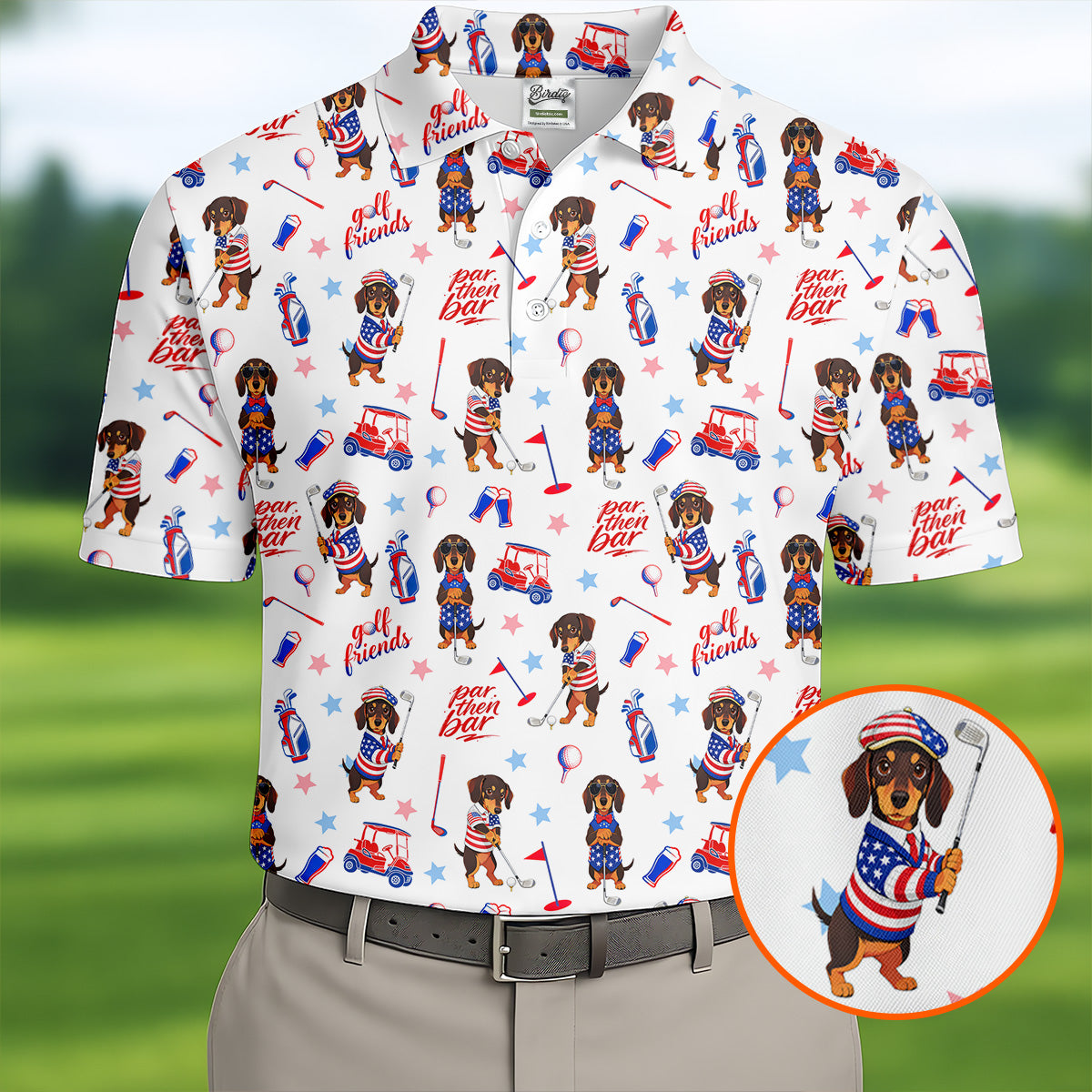 Par Then Bar Cute Dachshund Golf Pose 4th Of July Golf Shirts For Men, 250th Anniversary Patriotic Golf Shirt