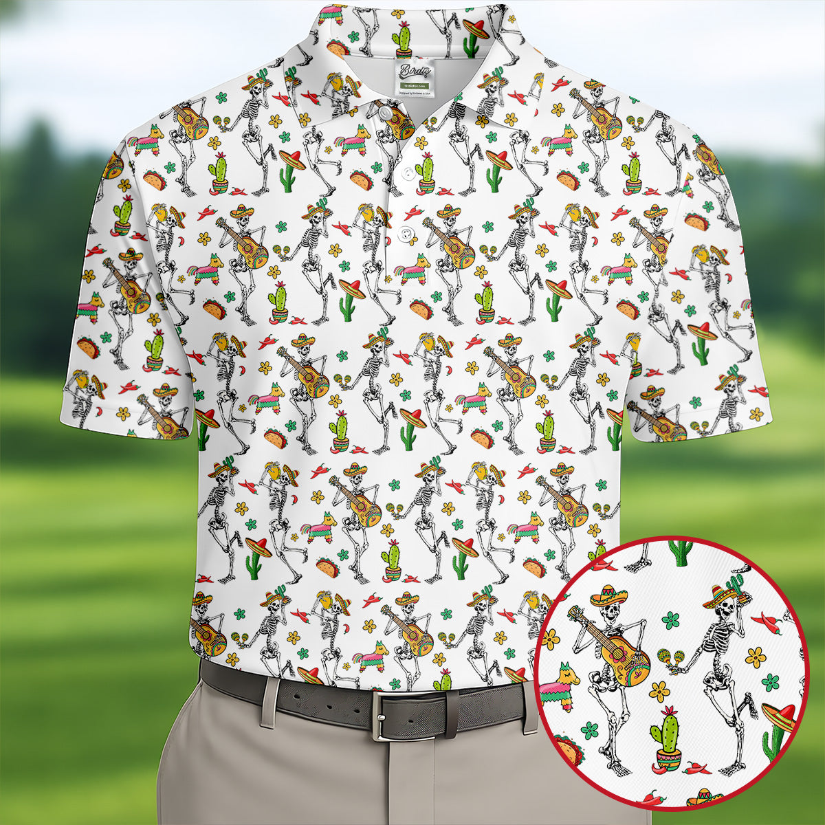 Dia De Muertos Skeletons Cinco De Mayo Celebration Fiesta Themed White Golf Shirts For Men
