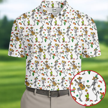 Dia De Muertos Skeletons Cinco De Mayo Celebration Fiesta Themed White Golf Shirts For Men