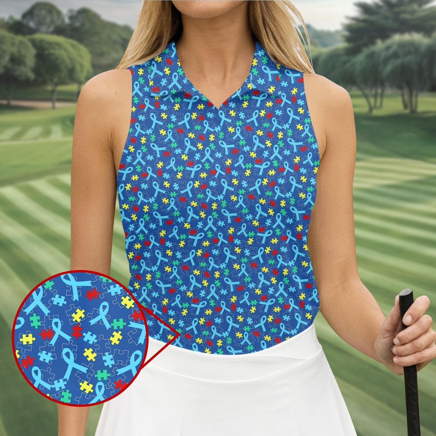 Autism Awareness Ribbon And Colorful Puzzles Blue Golf Shirt, Women's Golf Tops, Ladies Golf Shirts