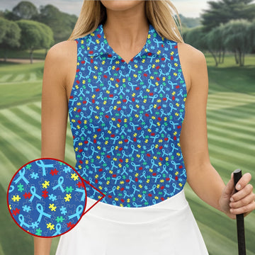Autism Awareness Ribbon And Colorful Puzzles Blue Golf Shirt, Women's Golf Tops, Ladies Golf Shirts