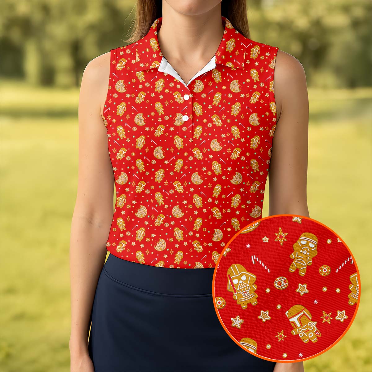 Gingerbread Character Christmas Golf Shirt, Red Golf Shirt, Fun Women's Golf Shirts, Golf Gift For Ladies