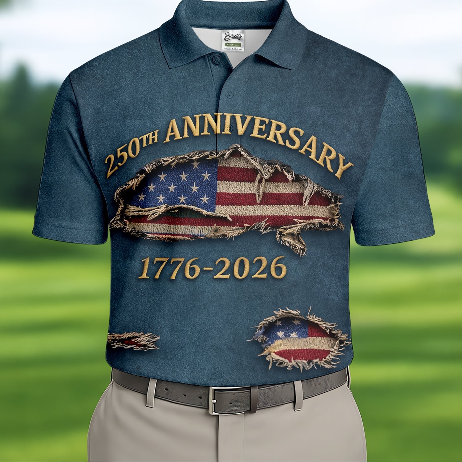 Patriotic American Flag 250th Anniversary Blue Denim Color Ripped Effect Golf Shirts For Men, Polo ShirtFor Men