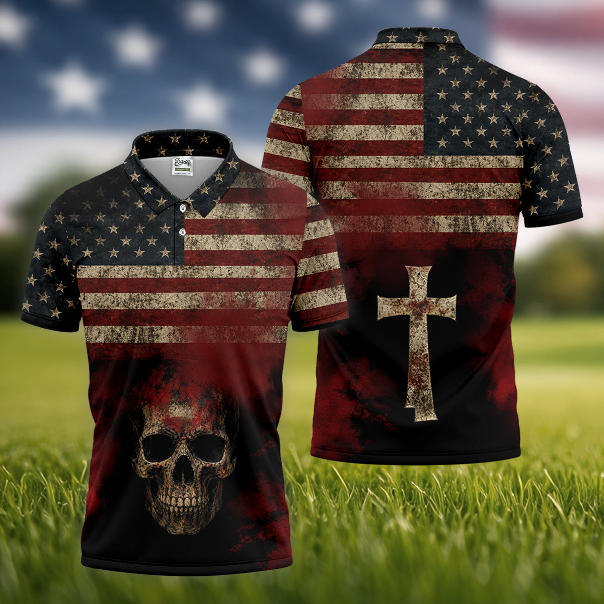 Cool Skull Faith Cross Distressed US Flag 4th Of July Golf Shirt, 250 Years Polo Shirtor Men