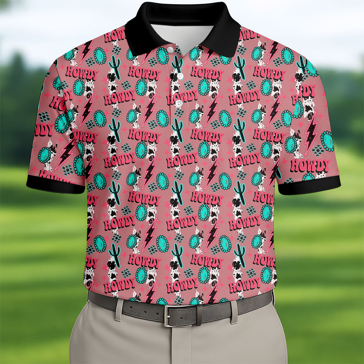 Howdy Pink Lightning Bolts Western Theme Golf Tops For Men, Polo Shirtor Men, Golf Shirts For Men