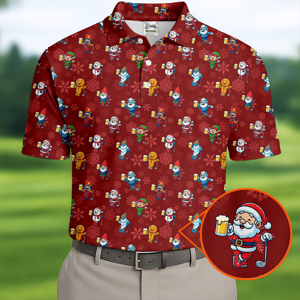 Christmas Characters Golf And Beer Red Men's Funny Golf Shirts, Christmas Golf Shirt, Polo ShirtFor Men