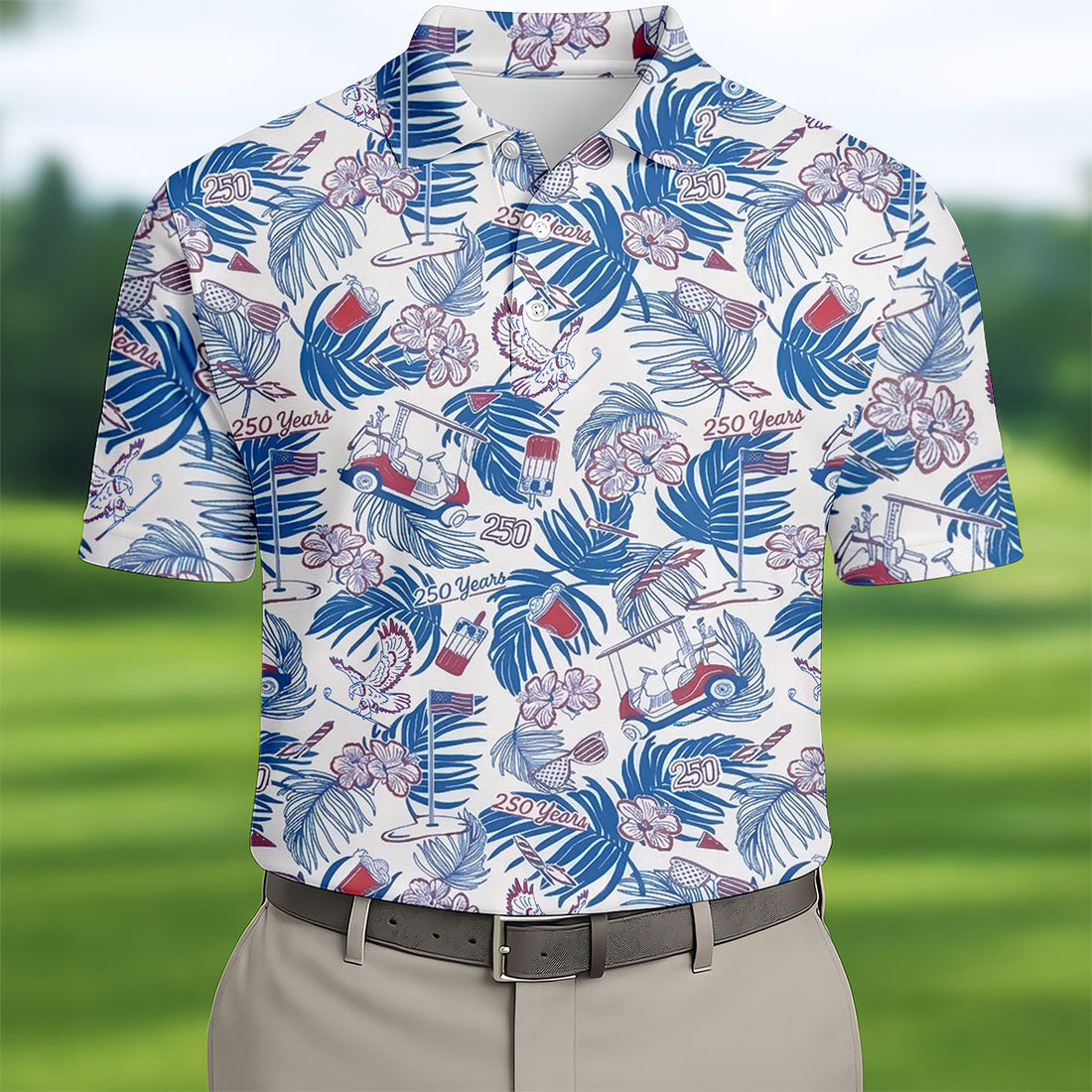 250 Years Red White Blue Tropical Floral Patriotic Golf Shirt, 4th Of July Golf Shirts For Men