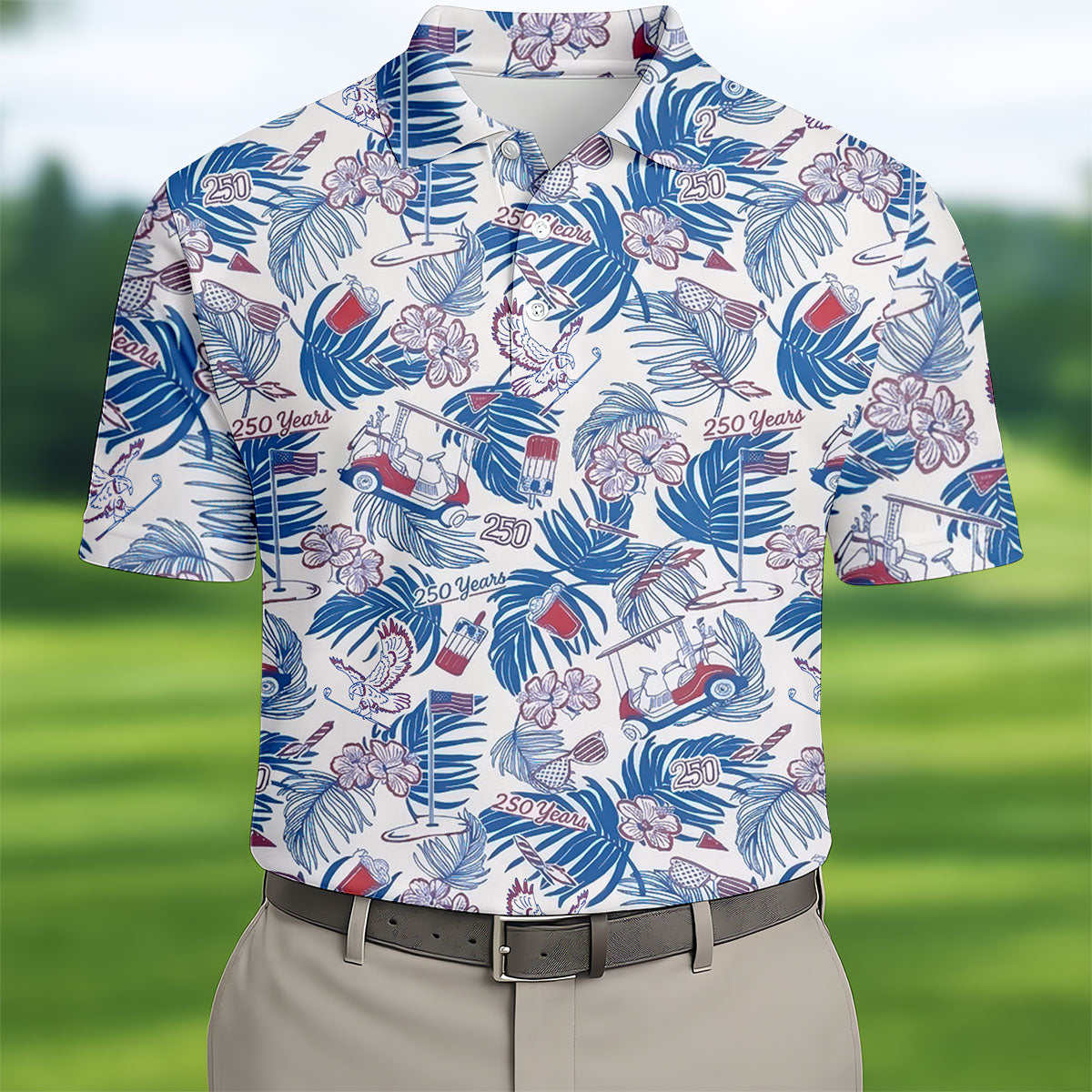 250 Years Red White Blue Tropical Floral Patriotic Golf Shirt, 4th Of July Golf Shirts For Men