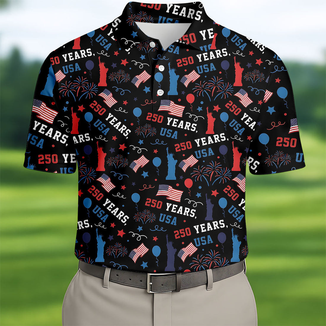 250 Years USA Red White Blue Seamless Pattern Black Golf Shirt, Patriotic 4th Of July Golf Shirts For Men