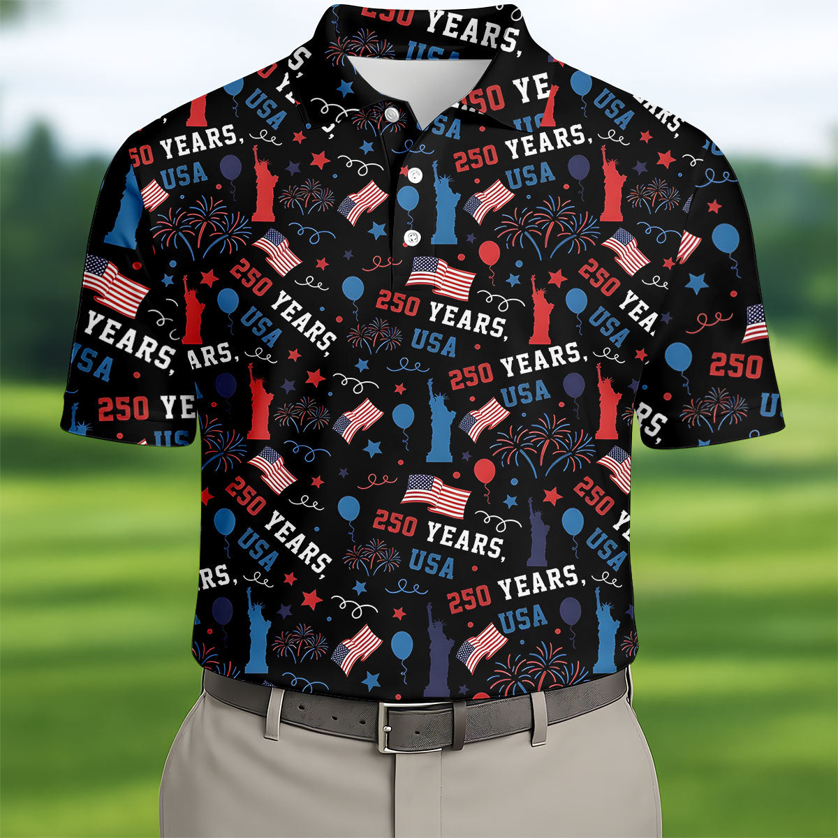 250 Years USA Red White Blue Seamless Pattern Black Golf Shirt, Patriotic 4th Of July Golf Shirts For Men