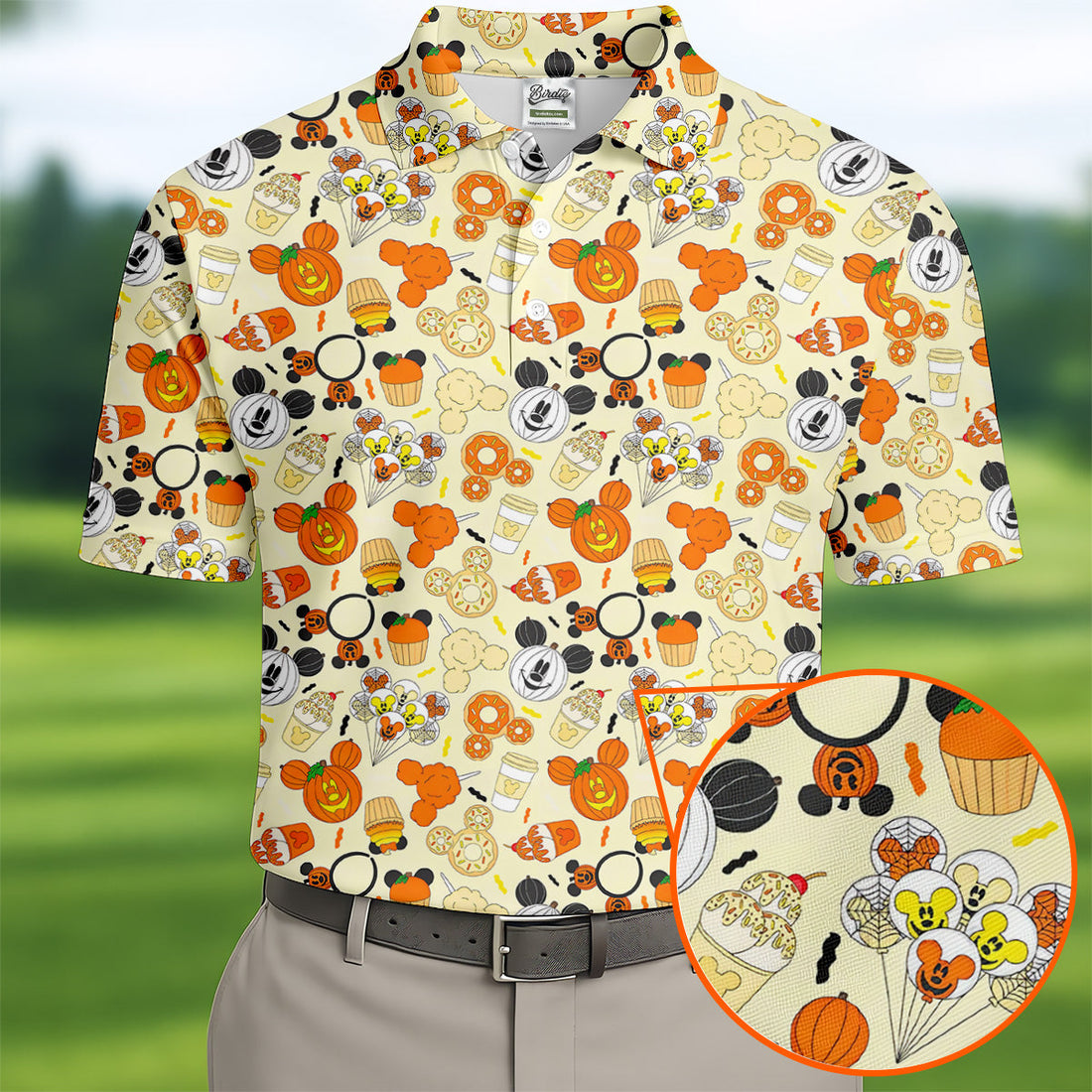 Cute Halloween Mouse Pumpkin Polo ShirtFor Men, Sweet Spooky Golf Tops For Men, Halloween Golf Shirt