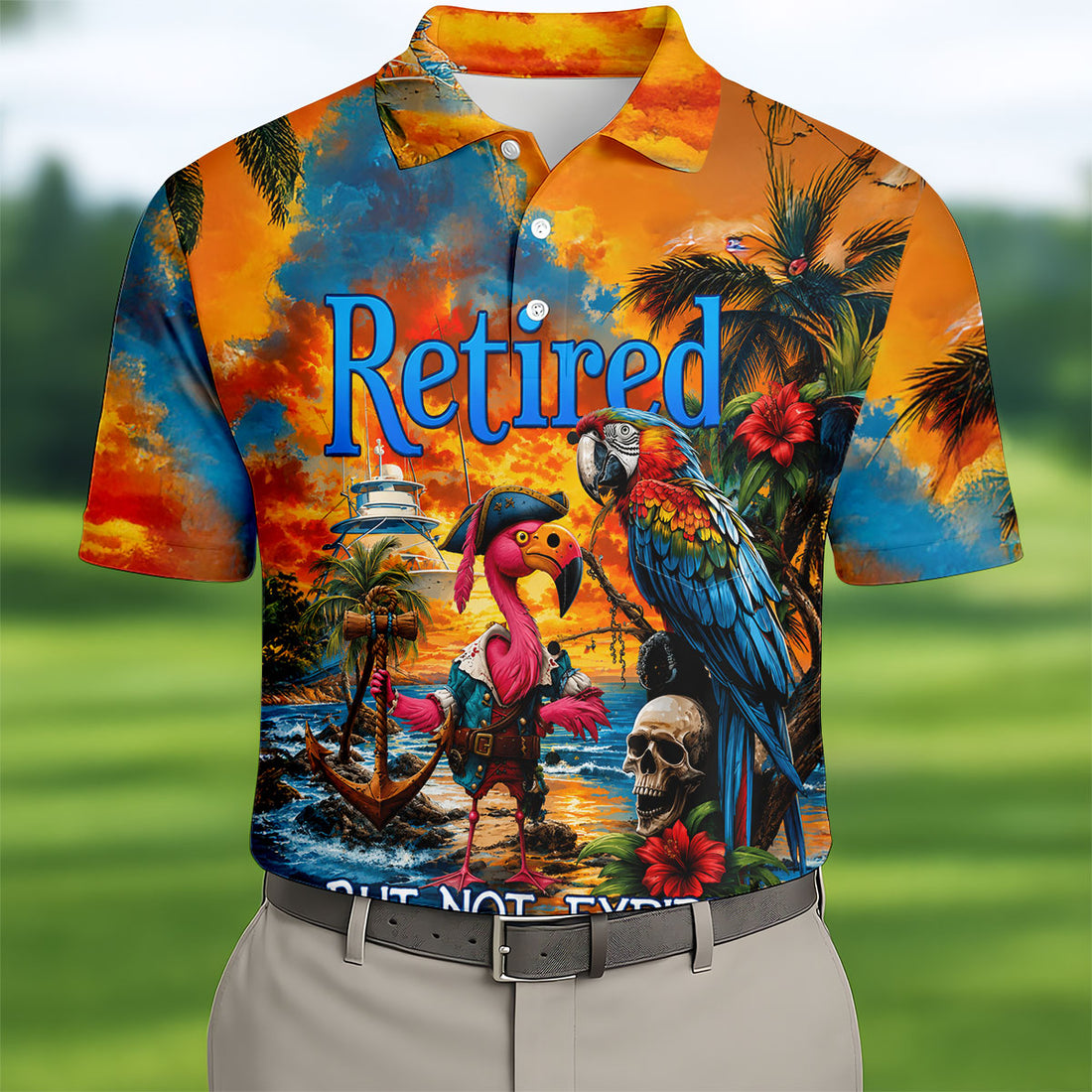 Retired Parrot Flamingo Pirate Tropical Golf Shirt, Mens Golf Polo, Hawaiian Golf Shirt, Golf Apparel For Men
