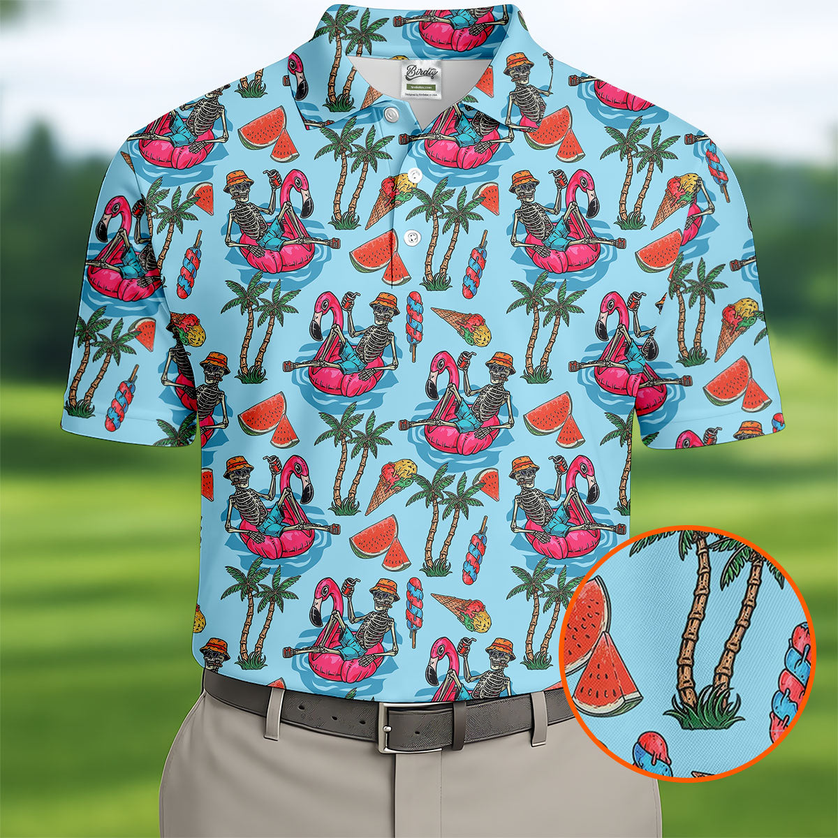 Skeleton Flamingo Summer Vibe Retro Golf Shirt, Men's Funny Golf Shirts, Polo ShirtFor Men, Golf Shirts For Men