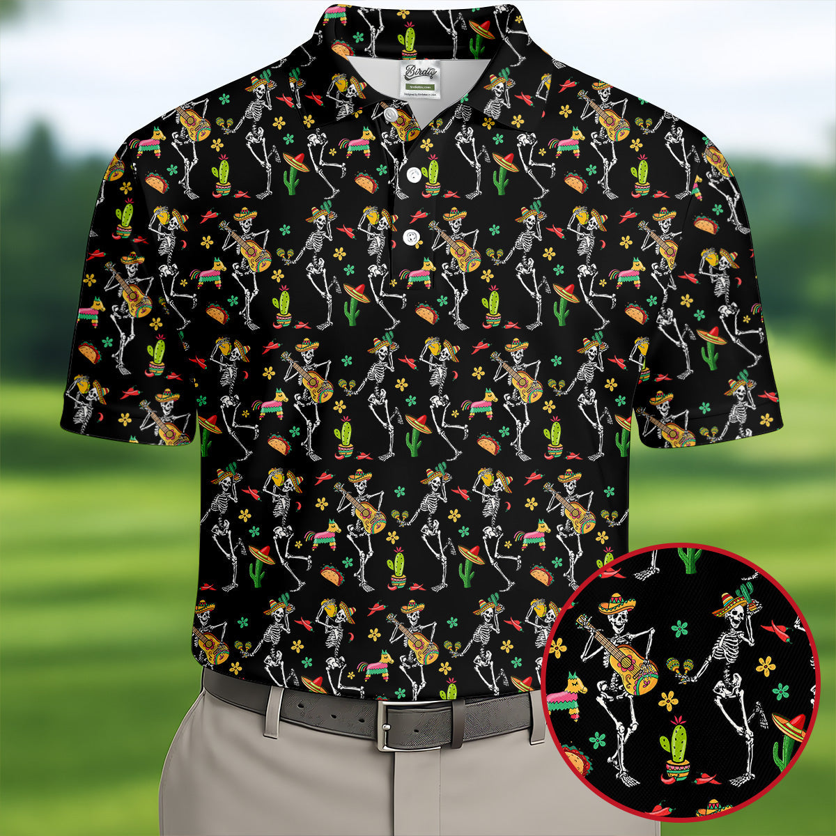 Dia De Muertos Skeletons Cinco De Mayo Celebration Fiesta Themed Black Golf Shirts For Men