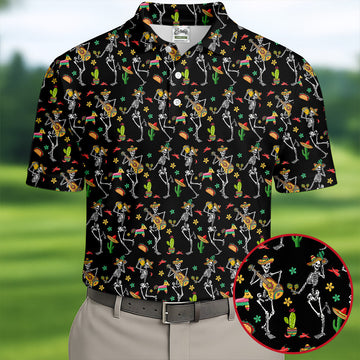 Dia De Muertos Skeletons Cinco De Mayo Celebration Fiesta Themed Black Golf Shirts For Men