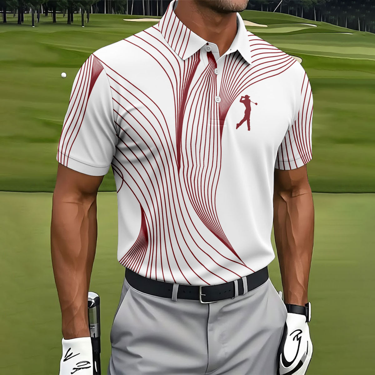 Geometric Line Wavy Line Maroon And White Golf Shirts For Men, Men's Golf Shirt, Polo Shirt Men
