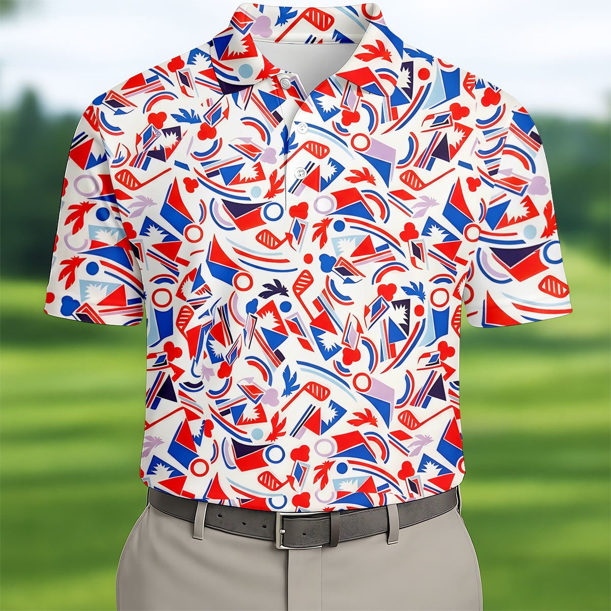 Red White Blue Golf Pattern Patriotic Golf Shirt, 250 Years Of Freedom 4th Of July Golf Shirts For Men