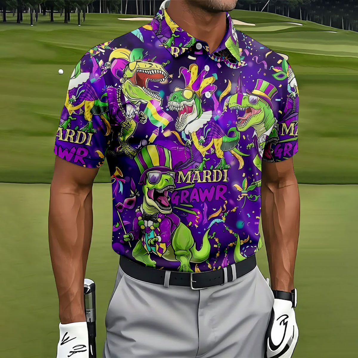 Mardi Grawr Purple Green Gold Funny Dinosaur Mardi Gras Golf Shirt, Golf Shirts For Men, Polo ShirtFor Men