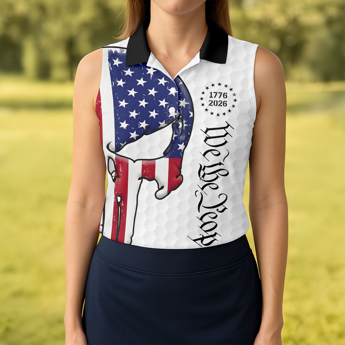 We The People 250 Celebration US Flag Pattern Skull Golf Shirt, Patriotic 4th Of July Golf Shirt For Women
