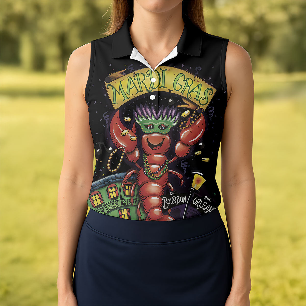 Mardi Gras Crawfish Rue Bourbon Black Golf Shirt, Women's Golf Tops, Ladies Golf Shirt