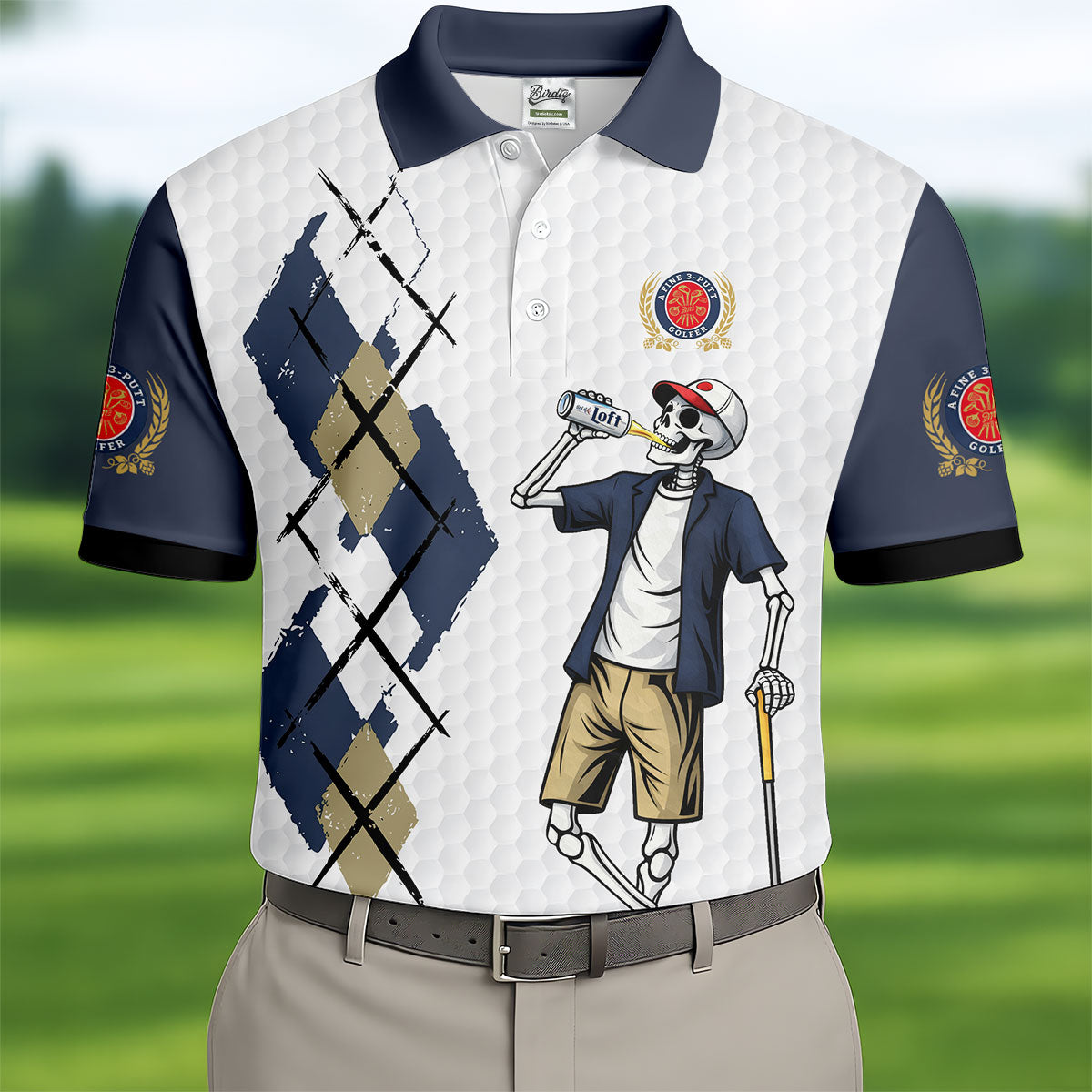 Funny Skeleton Golfer Drinking Beer Polo Shirt, Mens Golf Polo, Golf Apparel For Men