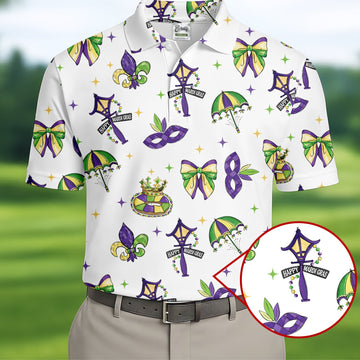 Fleur De Lis Carnival Masks Happy Mardi Gras White Golf Shirt, Polo ShirtFor Men, Golf Shirts For Men