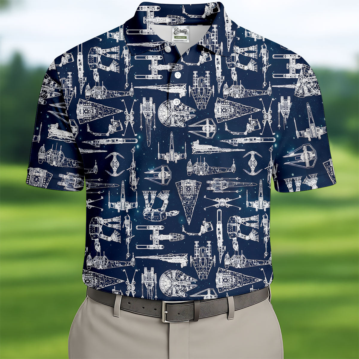 Line-art Sketches Sci-Fi Spacecraft Dark Navy Golf Shirts For Men, Polo ShirtFor Men, Golfing Apparel
