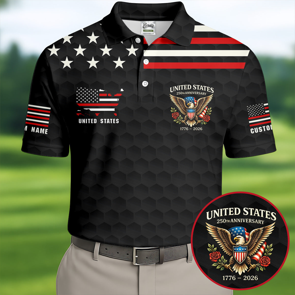 250th Anniversary Bald Eagle And Roses Black Golf Shirt, Patriotic 4th Of July Golf Shirts For Men