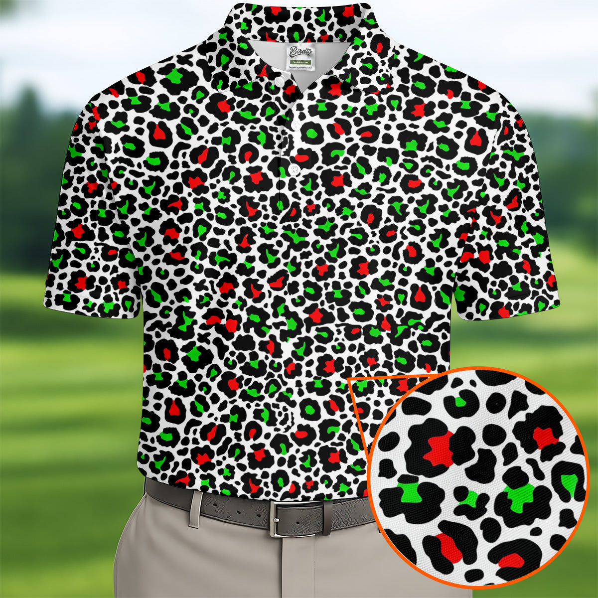 Leopard Pattern Xmas Pine Tree Green And Red Golf Tops For Men, Christmas Golf Shirt, Polo Shirt Men