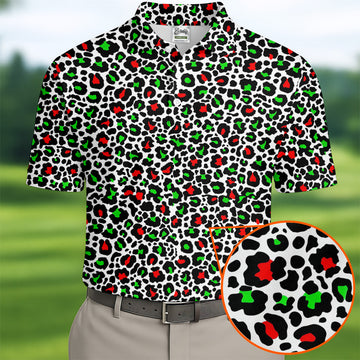 Leopard Pattern Xmas Pine Tree Green And Red Golf Tops For Men, Christmas Golf Shirt, Polo Shirt Men
