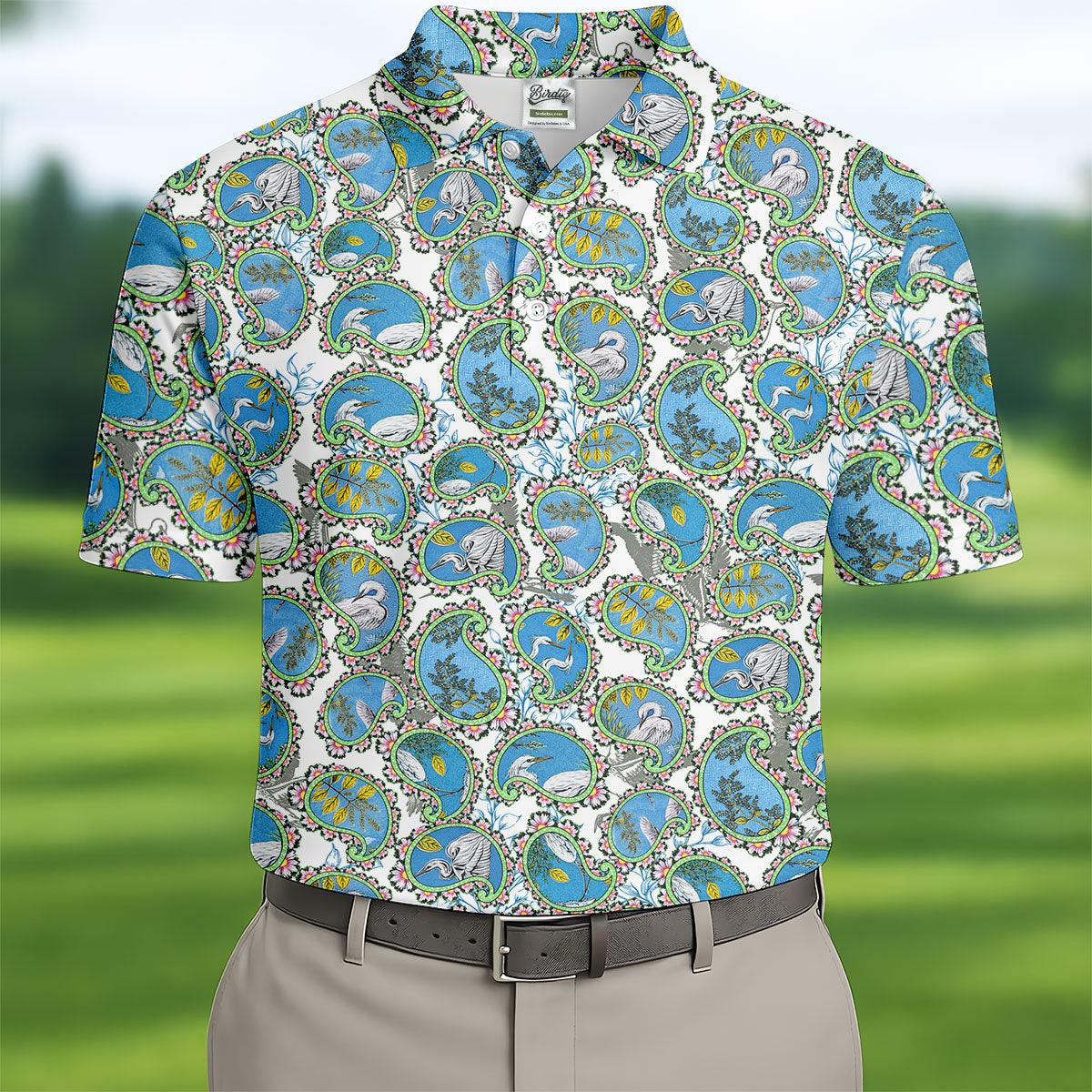 Paisley Flowers Heron Painting Print Golf Shirt, Polo Shirtor Men, Golf Shirts For Men