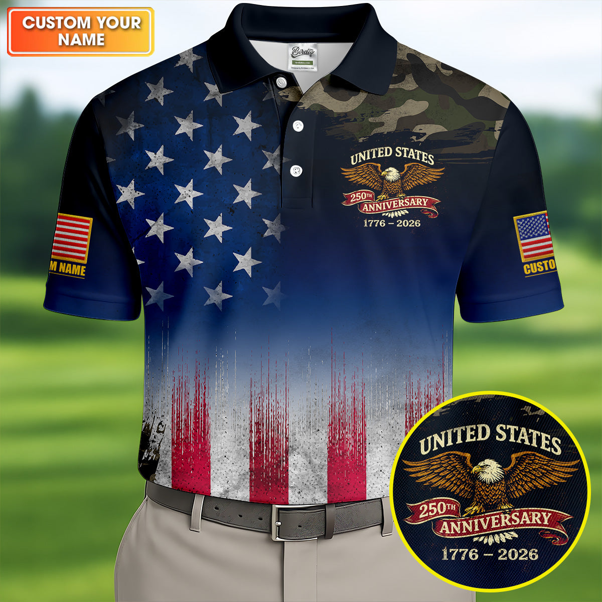 United States 250th Anniversary Camo Patriotic 4th Of July Golf Shirt, Distressed Flag Golf Shirts For Men
