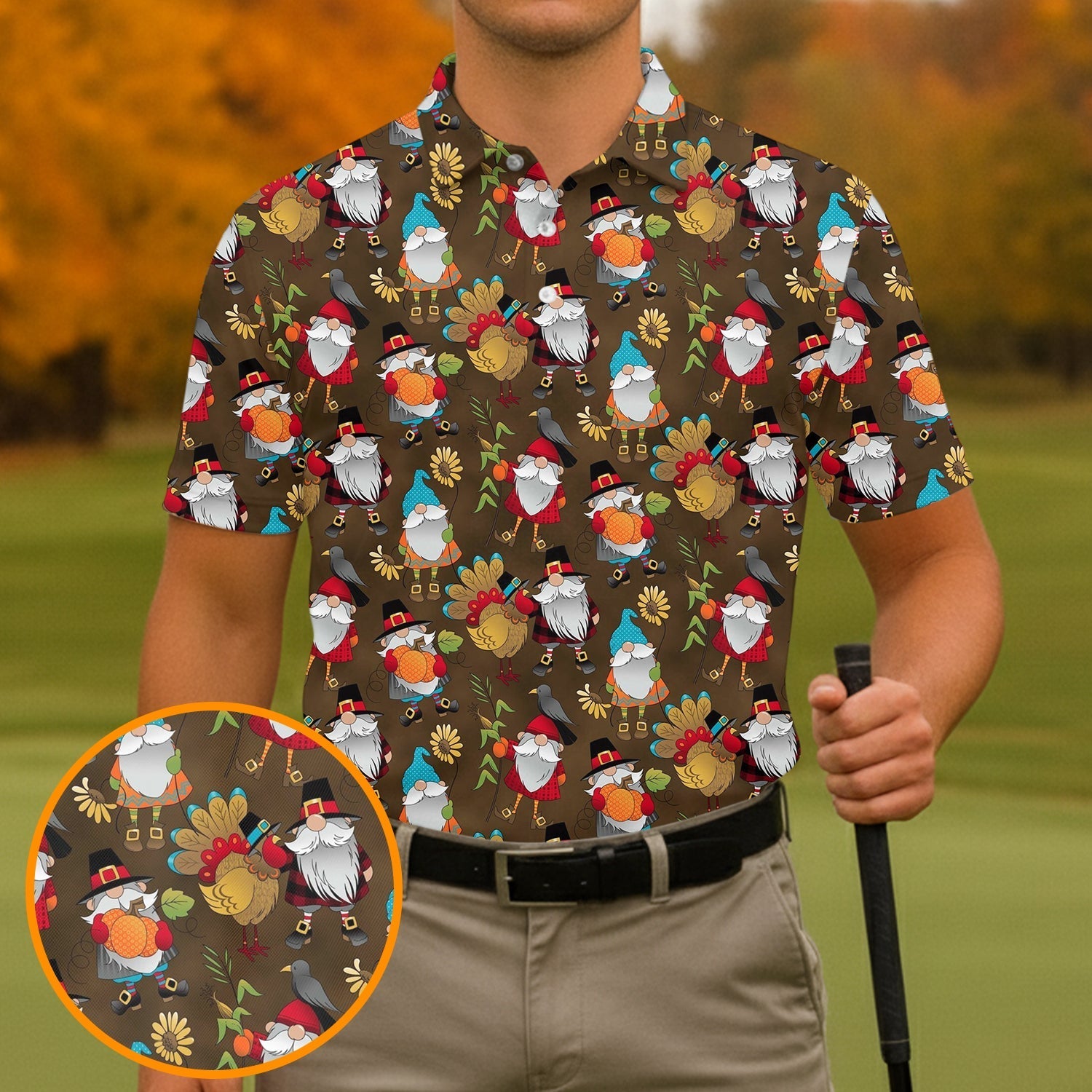 Turkey Gnome Thanksgiving Golf Tops For Men, Fun Golf Shirts For Men, Polo ShirtFor Men, Golfing Apparel