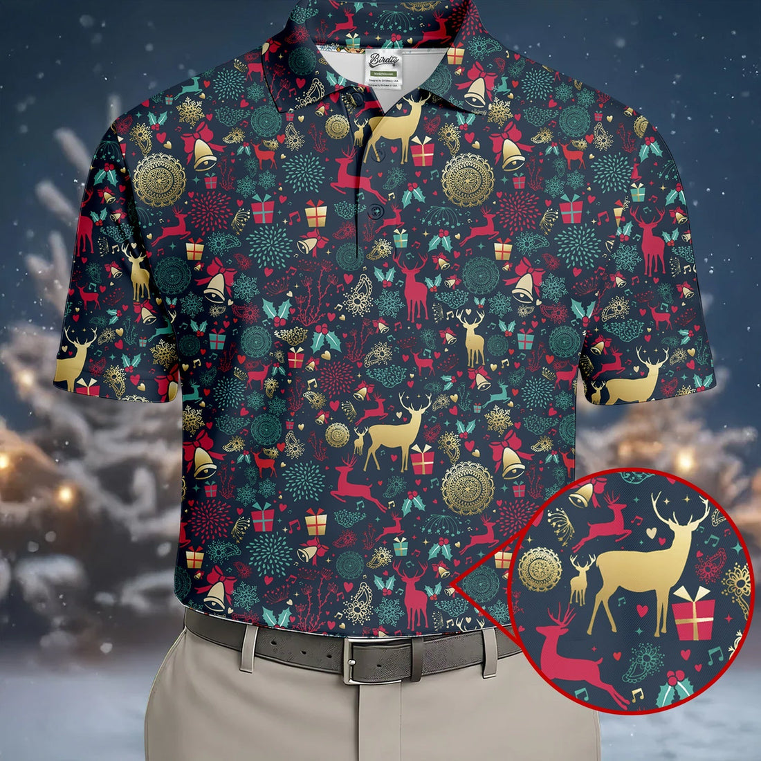 Vintage Reindeer Bell Dark Navy Christmas Golf Tops For Men, Gift Christmas Golf Shirt Polos, Men Golf Apparel