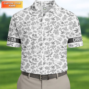 Custom Name Toile de Jouy Birds And Flowers Grey And White Polo ShirtFor Men, Golf Gift For Men