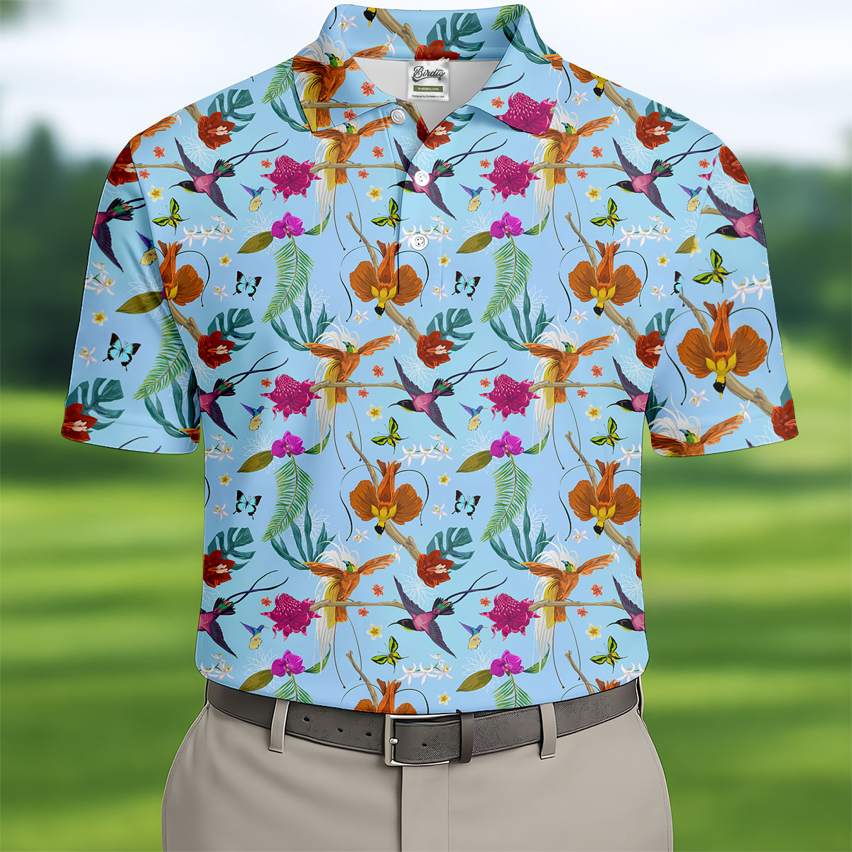Hummingbird Paradise Golf Shirt, Tropical Flower Garden Pattern, Golf Shirt For Men