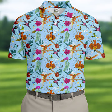 Hummingbird Paradise Golf Shirt, Tropical Flower Garden Pattern, Golf Shirt For Men