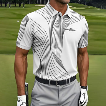 Geometric Line Wavy Line Black And White Custom Name Golf Shirts For Men, Men's Golf Shirt, Polo ShirtFor Men