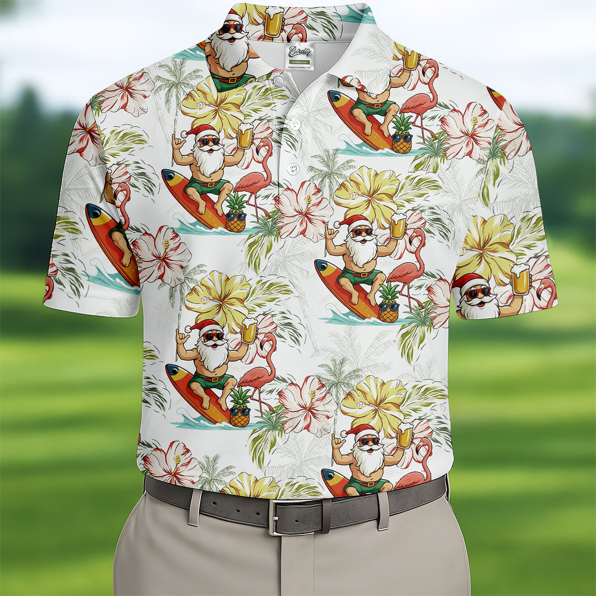 Surfing Santa Hawaiian Golf Shirt, Fun Men's Golf Polos, Christmas Golf Shirt, Golf Gift For Men
