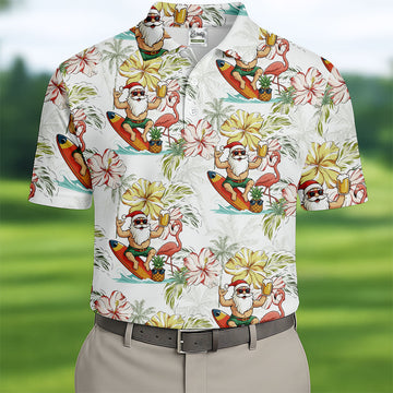 Surfing Santa Hawaiian Golf Shirt, Fun Men's Golf Polos, Christmas Golf Shirt, Golf Gift For Men