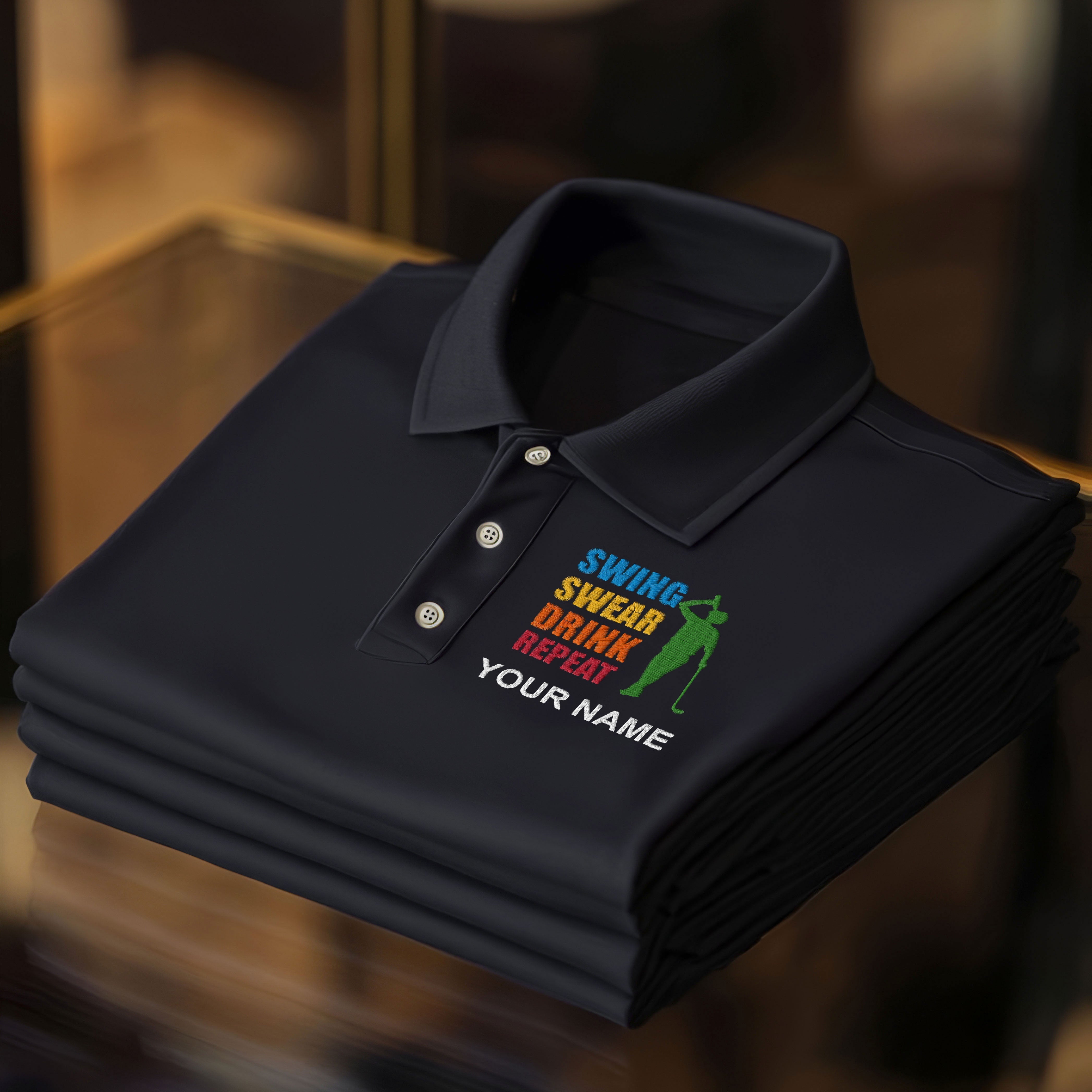 Swing Swear Drink Repeat Custom Embroidery Polo ShirtMens Golf Shirt, Dad Golf Gift