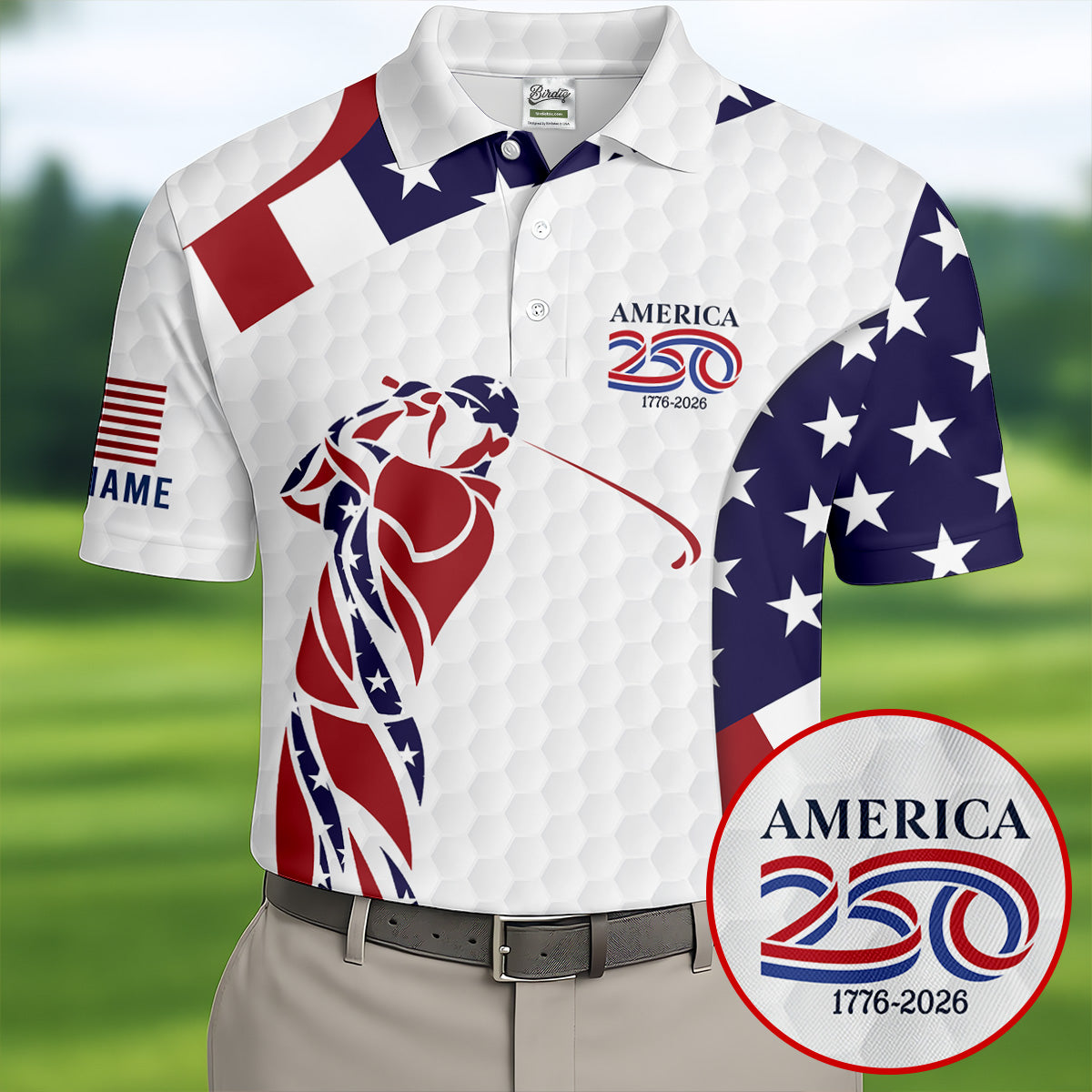 America 250 Golfer Pose Golf Ball Pattern 4th Of July Golf Shirt, Patriotic Golf Shirt, Golf Shirts For Men