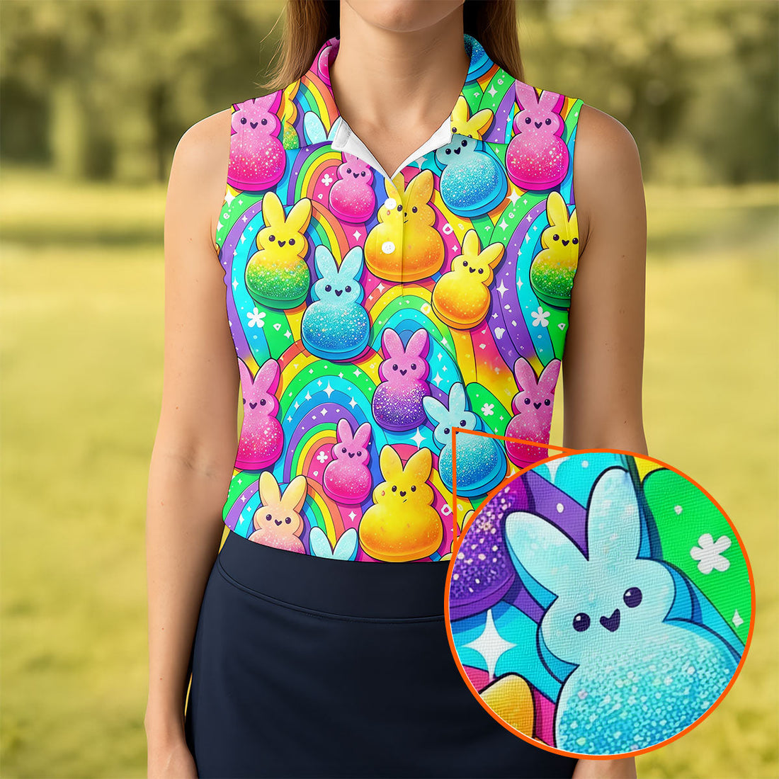 Colorful Easter Peeps Rainbow Pattern Women Golf Top, Cute Golf Outfit, Ladies Golf Shirts