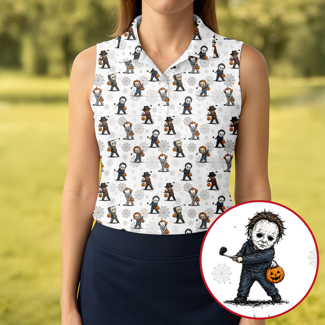 Horror Character Halloween Golf Pattern Polo Shirt, Golf Polo For Women, Performance Golf Shirt